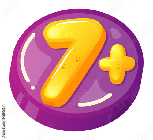 Cartoonish glossy purple round icon featuring a golden seven plus symbol, indicating age restriction or suitability for users seven years and older