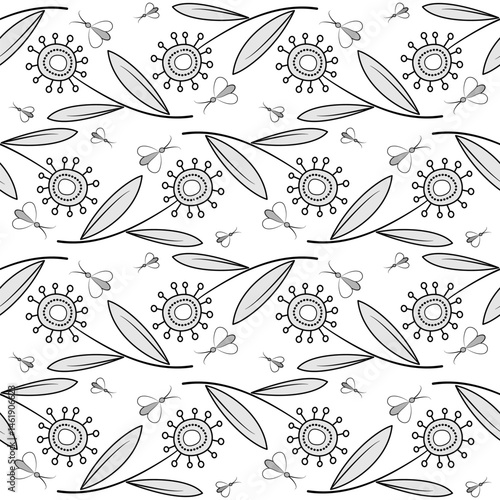 Floral monochrome seamless pattern in zentangle style. Isolated light decorative ornament on white background. Unusual fantasy round flowers with clear black contour. Cute childish plant design.
