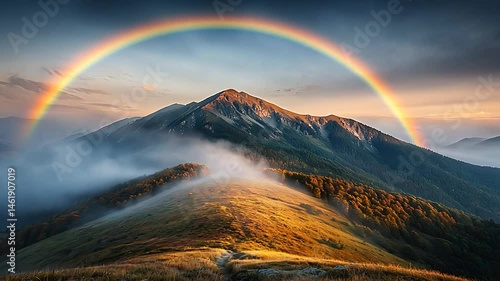 Mountain landscape with a brilliant rainbow overhead. Fog and sunlit peak