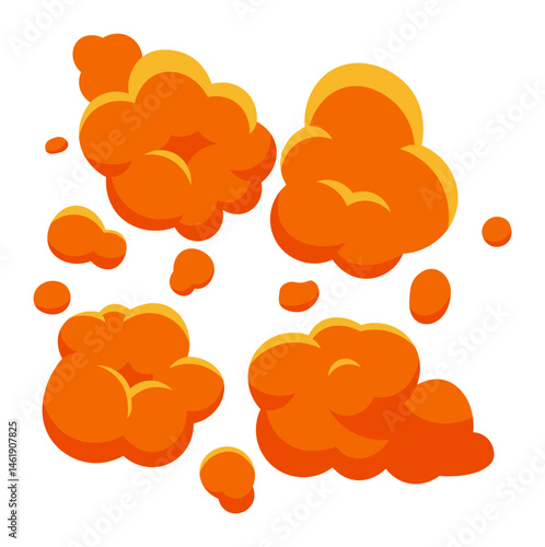 Cartoon explosion clouds bursting with vibrant orange hues and bold yellow outlines create dynamic effects perfect for comics or video games, enhancing visual storytelling and excitement
