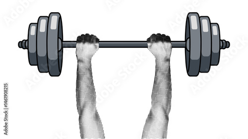 hands holding a barbell, bodybuilding illustration, retro halftone effect style workout design, gym poster