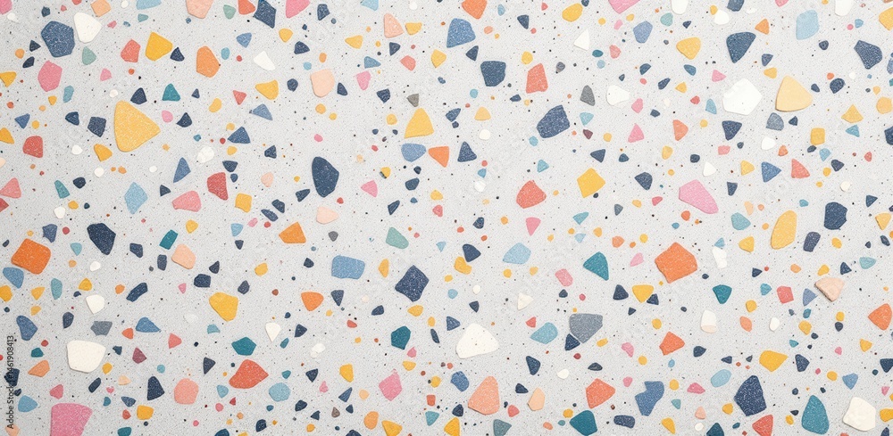 Colorful terrazzo pattern with scattered geometric chips on a light background. Colorful terrazzo pattern with scattered geometric chips on a light background.