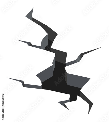 Ground splitting with large crack splitting earth creating hole on white background representing earthquake, destruction, damage, danger and geological fault