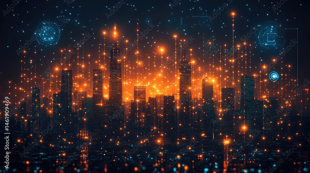 Fototapeta premium A futuristic city skyline illuminated by glowing data points and digital interfaces.