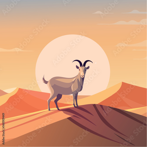 A solitary goat standing on a sand dune in a vast desert landscape, with the sun setting in the background, symbolizing resilience and devotion