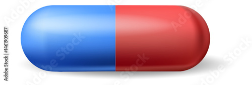 Red and blue capsule lying on a white surface and casting a shadow, representing medical treatment, healthcare, and pharmaceutical industry