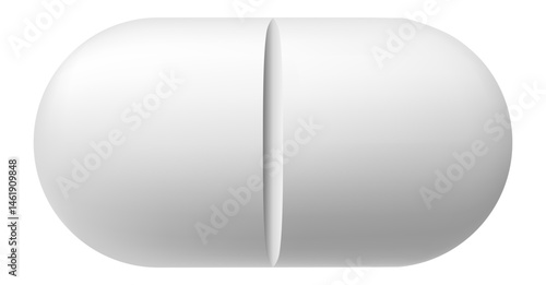 White pill dividing in half, creating a pronounced groove against a clean white background, representing themes of medicine, healthcare, and treatment solutions