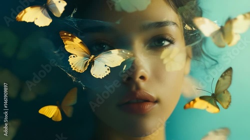 Captivating portrait of a serene woman surrounded by ethereal butterflies in dreamy light