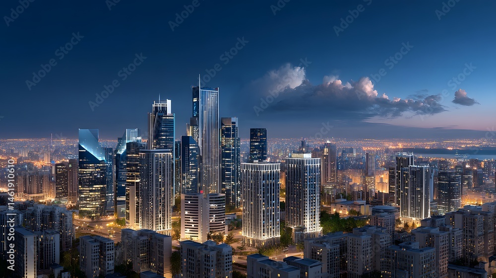 Naklejka premium Stunning Night View of Modern City Skyline with Illuminated Skyscrapers