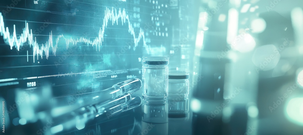 A futuristic representation of medical vials and data analytics in a laboratory setting.