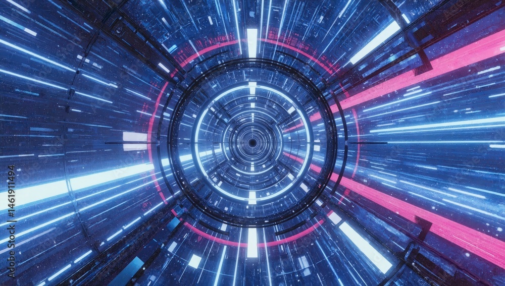 A futuristic tunnel with glowing lines and circular patterns, suggesting advanced technology and motion.
