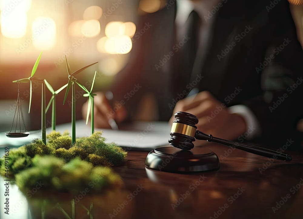 A gavel rests on a desk beside wind turbines and scales, symbolizing environmental law and justice.