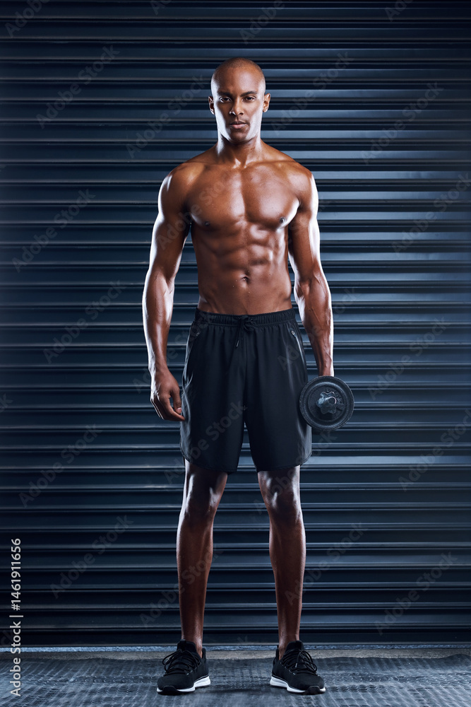 Fototapeta premium Muscle, African portrait and man with dumbbells for strong arms, health workout, body and exercise in gym. Topless athlete, bodybuilder and weightlifting challenge for confidence, power and wellness