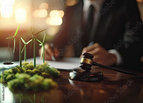 A gavel rests on a desk beside wind turbines and scales, symbolizing environmental law and justice.
