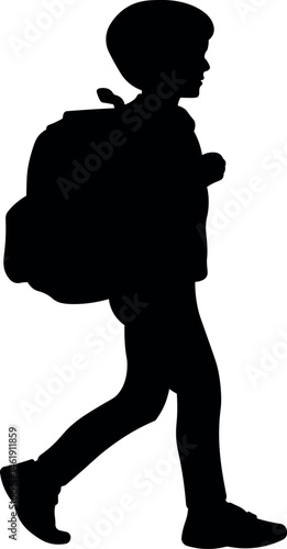 Silhouette of a boy walking carrying his backpack on a white background