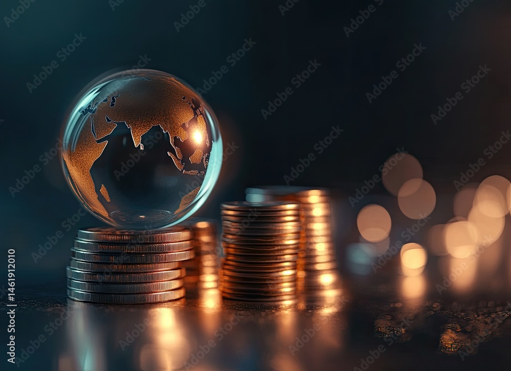 A glass globe rests on stacks of coins, symbolizing finance and global economy.
