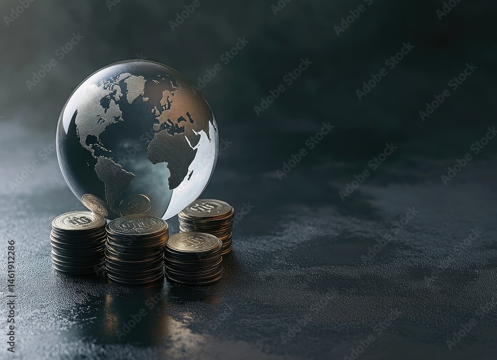 A glass globe rests on stacks of coins, symbolizing global finance and economy.