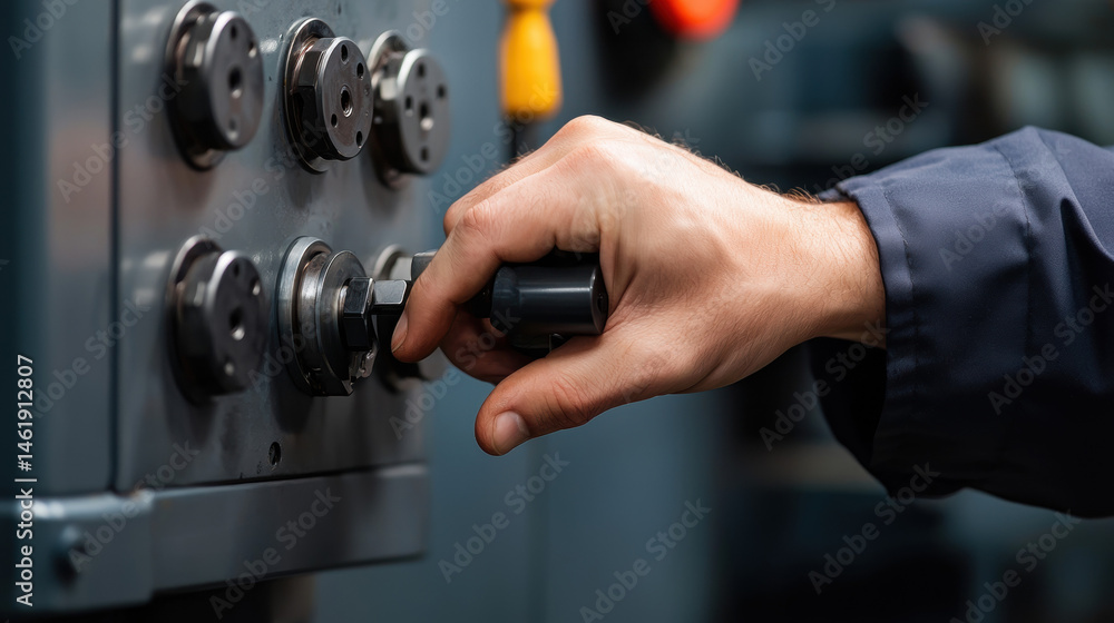 Fototapeta premium Close up of hand operating lever on hydraulic press, showcasing precision and control