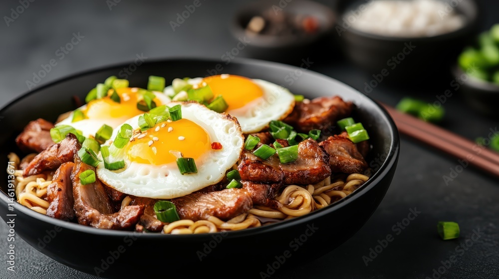 A mouthwatering bowl of ramen topped with perfectly cooked eggs and savory pork, showcasing the rich flavors and textures of this beloved culinary dish from Asian cuisine. A mouthwatering bowl of ramen topped with perfectly cooked eggs and savory pork, showcasing the rich flavors and textures of this beloved culinary dish from Asian cuisine.