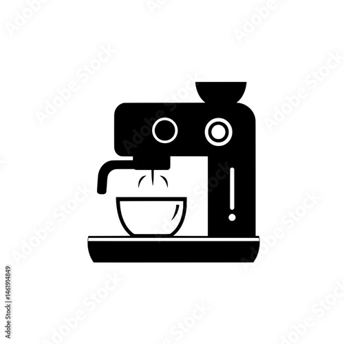 Black and white icon of a modern coffee machine brewing a hot beverage into a cup with minimalistic design elements