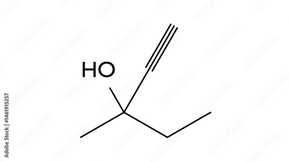 Naklejka premium methylpentynol molecule, structural chemical formula, ball-and-stick model, isolated image sedative