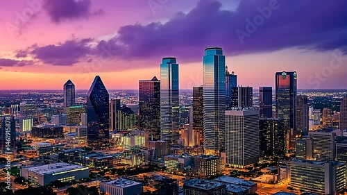 Dallas cityscape at dusk: A vibrant skyline under a colorful evening sky