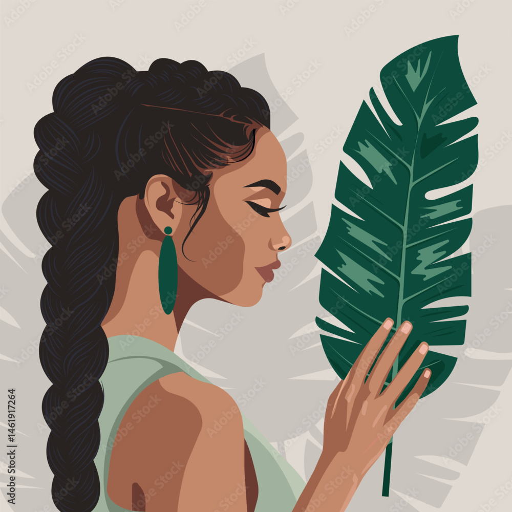 Modern vector illustration of a fashionable afro woman with braided hair and tropical leaf. Beauty, nature, self-care, feminine energy. Perfect for branding and wellness designs.
