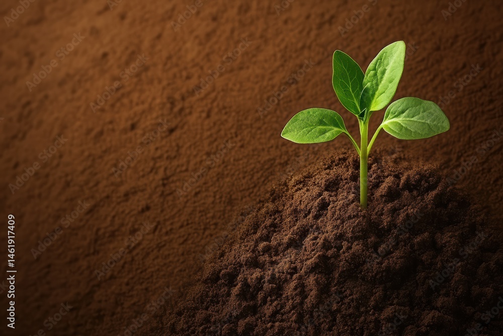 Naklejka premium Growing green plant emerges from dark soil in a nurturing environment