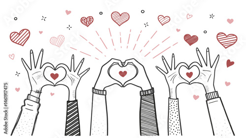 Hands forming hearts with small red hearts around on white