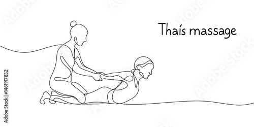 A minimalistic line drawing showing one person giving a Thai massage, with the term "Thai massage" written beside. Vector illustration