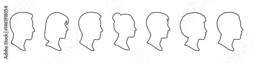 A row of seven human profiles showing various hairstyles, from short to curly, representing diversity in appearance. Avatar icons.
Vector illustration.