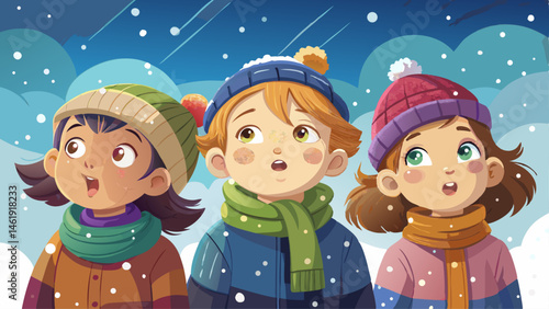 Kids bundled up, gazing in awe at falling snow