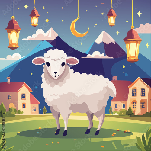 A stylized illustration of a sheep adorned with festive decorations, standing in a vibrant village setting with lanterns and crescent moons, symbolizing Eid al-Adha celebrations