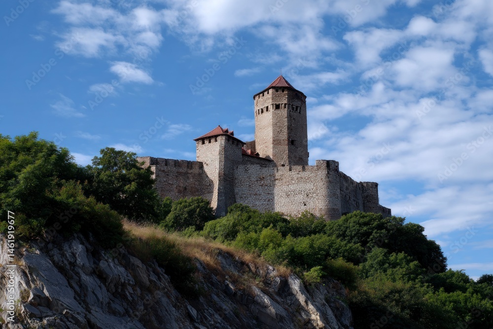 Exploring Ancient Castle on Hilltop with Cloudy Blue Sky Above Trees Exploring Ancient Castle on Hilltop with Cloudy Blue Sky Above Trees