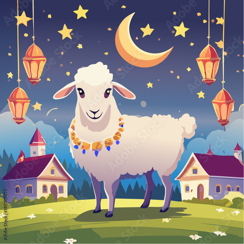 A stylized illustration of a sheep adorned with festive decorations, standing in a vibrant village setting with lanterns and crescent moons, symbolizing Eid al-Adha celebrations