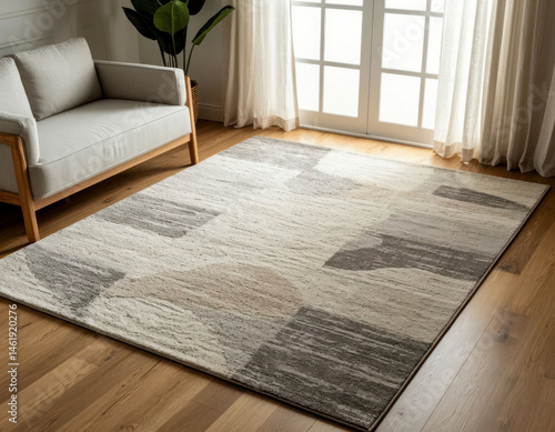 Modern Designer Rug in Minimalist Interior with Wooden Flooring
