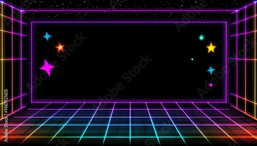 Retro video game aesthetic, neon grid, colorful stars