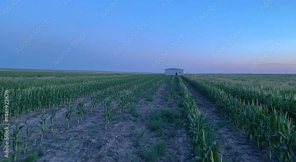 Obraz premium Cornfield with water tank at dusk