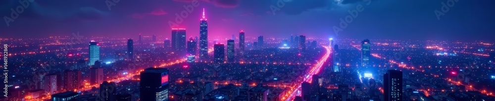Fototapeta premium Neon-lit skyscrapers in futuristic Asian metropolis, illustration, cityscape, urban