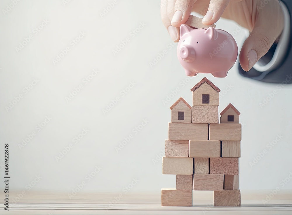 A hand places a piggy bank atop a wooden block house structure, symbolizing savings and investment.