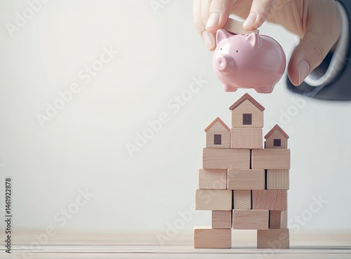 A hand places a piggy bank atop a wooden block house structure, symbolizing savings and investment.