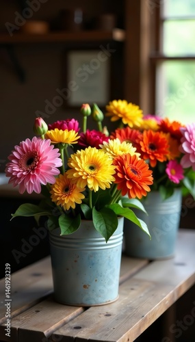 Wallpaper Mural Various colorful farm flowers in metal buckets on rustic farm table, arrangement, assortment Torontodigital.ca