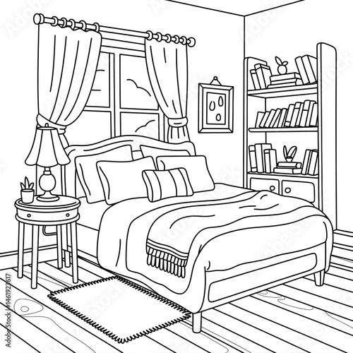 A beautiful bedroom line drawing coloring page