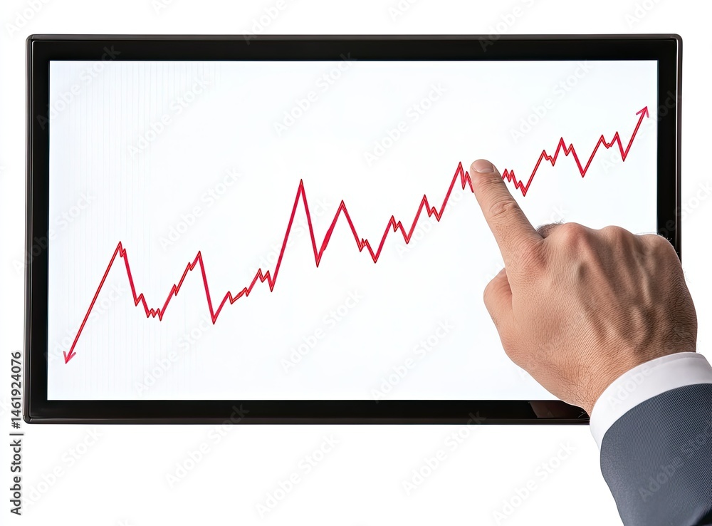 A hand pointing at a rising red graph on a tablet screen, indicating positive trends.