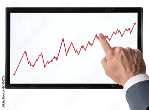 Obraz na płótnie A hand pointing at a rising red graph on a tablet screen, indicating positive trends. w salonie