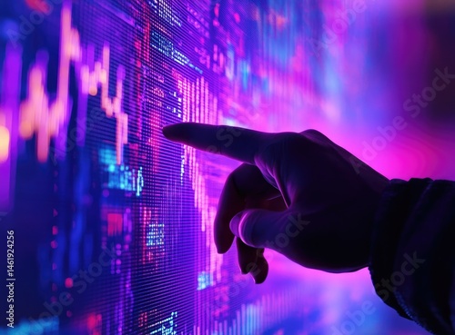 Obraz na płótnie A hand pointing at a vibrant digital display of data and graphs, illustrating technology and analytics. w salonie
