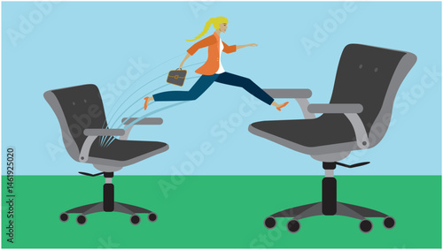 Woman taking a big jump in career. New and better job and promotion. One chair bigger than the other. Jumping to new life and position. Dimension 16:9. Vector illustration.