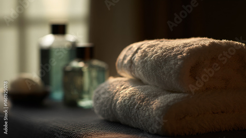 Serene spa scene featuring soft linens, neatly arranged necessity and elegant bottles to create a appeasement atmosphere.