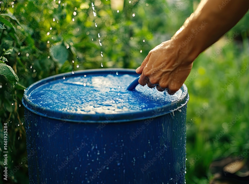 A hand reaching for a blue barrel filled with water, surrounded by greenery.