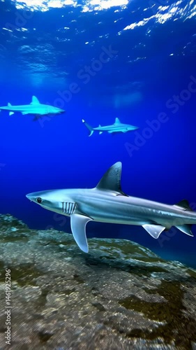 Wallpaper Mural Swimming Thresher Shark cruises through deep blue ocean waters near a vibrant coral reef in a marine environment. Torontodigital.ca